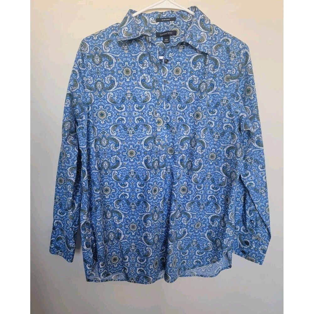 Lands End Womens No Iron Supima Cotton Paisley Print Popover Top Size 10P